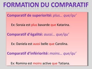 Comparatif de superiorité:  plus… que/qu’ Ex: Soraia est  plus  bavarde  que  Katarina.  Comparatif d’égalité:  aussi… que/qu’ Ex: Daniela est  aussi  belle  que  Carolina.  Comparatif d’infériorité:  moins… que/qu’ Ex: Romina est  moins  active  que  Tatiana. 