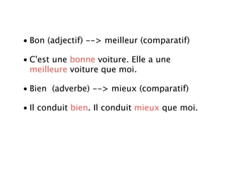 • Bon (adjectif) --> meilleur (comparatif)

• C'est une bonne voiture. Elle a une
  meilleure voiture que moi.

• Bien (adverbe) --> mieux (comparatif)

• Il conduit bien. Il conduit mieux que moi.
 