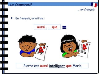 Le Comparatif
… en français
 En français, on utilise :
aussi …… que =
Pierre est aussi intelligent que Marie.
 