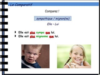Le Comparatif
Comparez !
sympathique / mignon(ne)
Elle – Lui
 Elle est plusplus sympa queque lui.
 Elle est plusplus mignonne queque lui.
 