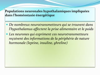 Populations neuronales hypothalamiques impliquées
dans l'homéostasie énergétique
 De nombreux neurotransmetteurs qui se trouvent dans
l'hypothalamus affectent la prise alimentaire et le poids
 Les neurones qui expriment ces neurotransmetteurs
reçoivent des informations de la périphérie de nature
hormonale (leptine, insuline, ghreline)
 