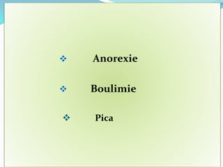  Anorexie
 Boulimie
 Pica
 
