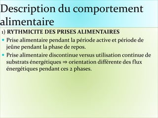 Description du comportement
alimentaire
1) RYTHMICITE DES PRISES ALIMENTAIRES
 Prise alimentaire pendant la période active et période de
jeûne pendant la phase de repos.
 Prise alimentaire discontinue versus utilisation continue de
substrats énergétiques ⇒ orientation différente des flux
énergétiques pendant ces 2 phases.
 
