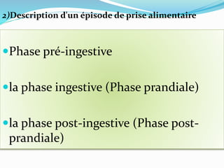 Phase pré-ingestive
la phase ingestive (Phase prandiale)
la phase post-ingestive (Phase post-
prandiale)
2)Description d'un épisode de prise alimentaire
 