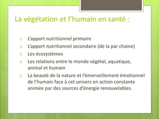 1.L’apport nutritionnel primaire 
2.L’apport nutritionnel secondaire (de la par chaine) 
3.Les écosystèmes 
4.Les relations entre le monde végétal, aquatique, animal et humain 
5.La beauté de la nature et l’émerveillement émotionnel de l’humain face à cet univers en action constante animée par des sources d’énergie renouvelables. 
La végétation et l’humain en santé :  