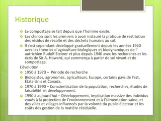 Le compostage se fait depuis que l’homme existe. 
Les chinois sont les premiers à avoir instauré la pratique de restitution des résidus de récolte et des déchets humains au sol. 
Il s’est cependant développé graduellement depuis les années 1920 avec les théories d`agriculture biologiques et biodynamiques de l’ autrichien Rudolf Steiner et plus depuis 1940 avec les recherches et les écris de Sir A. Howard, qui commença à parler de sol vivant et de compostage. 
L’évolution : 
1950 à 1970 –Période de recherche 
Biologistes, agronomes, agriculteurs. Europe, certains pays de l’est, États-Unis et Canada. 
1970 à 1990 –Conscientisation de la population, recherches, études de faisabilité et développement. 
1990 à aujourd’hui –Développement, implication massive des individus voués à la protection de l’environnement et à l’alimentation saine, et des villes et villages influencés par la volonté du public électeur et les coûts des gestion de la matière résiduelle. 
Historique  