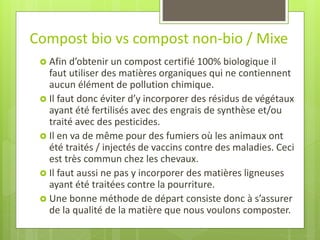 Afin d’obtenir un compost certifié 100% biologique il faut utiliser des matières organiques qui ne contiennent aucun élément de pollution chimique. 
Il faut donc éviter d’y incorporer des résidus de végétaux ayant été fertilisés avec des engrais de synthèse et/ou traité avec des pesticides. 
Il en va de même pour des fumiers où les animaux ont été traités / injectés de vaccins contre des maladies. Ceci est très commun chez les chevaux. 
Il faut aussi ne pas y incorporer des matières ligneuses ayant été traitées contre la pourriture. 
Une bonne méthode de départ consiste donc à s’assurer de la qualité de la matière que nous voulons composter. 
Compost bio vs compost non-bio / Mixe  