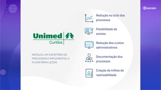 Redução no ciclo dos
processos
Flexibilidade de
acesso
Redução dos custos
administrativos
Documentação dos
processos
Criação de trilhas de
rastreabilidade
INSTALOU UM ESCRITÓRIO DE
PROCESSOS E IMPLEMENTOU A
PLATAFORMA LECOM.
 