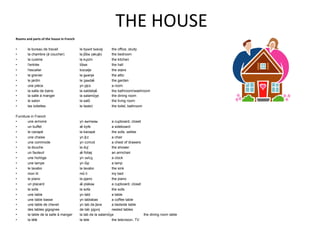 THE HOUSE Rooms and parts of the house in French le bureau de travail lə byʁot tʁavaj the office, study la chambre (à coucher) la ʃɑ̃bʁ (akuʃe) the bedroom la cuisine la kɥizin the kitchen l'entrée lɑ̃tʁe the hall l'escalier lɛscalje the stairs le grenier lə gʁənje the attic le jardin lə ʒaʁdæ̃ the garden une pièce yn pjɛs a room la salle de bains la saldəbæ̃ the bathroom/washroom la salle à manger la salamɑ̃ʒe the dining room le salon lə salõ the living room les toilettes le twalɛt the toilet, bathroom Furniture in French une armoire yn aʁmwaʁ a cupboard, closet un buffet æ̃ byfe a sideboard le canapé lə kanapé the sofa, settee une chaise yn ʃɛz a chair une commode yn cɔmɔd a chest of drawers la douche la duʃ the shower un fauteuil æ̃ fotœj an armchair une horloge yn ɔʁlɔʒ a clock une lampe yn lɑ̃p a lamp le lavabo lə lavabo the sink mon lit mõ li my bed le piano lə pjano the piano un placard æ̃ plakaʁ a cupboard, closet le sofa lə sofa the sofa une table yn tabl a table une table basse yn tabləbas a coffee table une table de chevet yn tab də ʃəve a bedside table des tables gigognes de tab ʒigɔnj nested tables la table de la salle à manger la tab də la salamɑ̃ʒe the dining room table la télé la tele the television, TV 