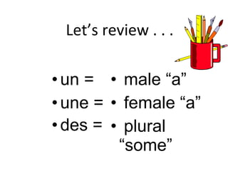 Let’s review . . . un = une = des =   male “a” female “a” plural “some” 