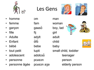 Les Gens homme ɔm man femme fam woman garçon gaʁsõ boy, lad fille fij girl Adulte adylt adult Enfant ɑ̃fɑ̃ child bébé bebe baby tout petit tupti small child, tod d ler adolescent adolɛsɑ̃ teenager personne pɛʁsɔn person personne âgée pɛʁsɔn aʒe elderly person 