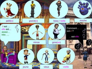 il  est …  elle  est…  assez… très …. petit( e ) grand( e ) beau /  belle moche mince   gros( se )  jeune Comment…  … est- il  ? vieux vieille … est- elle Copyright © Bruno Guillemin 2004   
