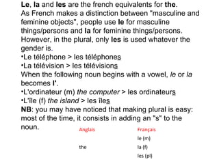 Le ,  la  and  les  are the french equivalents for  the .  As French makes a distinction between "masculine and feminine objects", people use  le  for masculine things/persons and  la  for feminine things/persons.  However, in the plural, only  les  is used whatever the gender is .          Le téléphone > les téléphone s   La télévision > les télévision s   When the following noun begins with a vowel,  le  or  la  becomes  l' .  L'ordinateur (m)  the computer  > les ordinateur s   L'île (f)  the island  > les île s   NB : you may have noticed that making plural is easy: most of the time, it consists in adding an "s" to the noun.  Anglais Français the le (m)  la (f)  les (pl)  