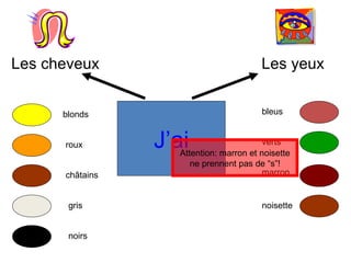 J’ai blonds roux châtains gris noirs bleus verts marron noisette Les cheveux Les yeux Attention: marron et noisette ne prennent pas de “s”! 