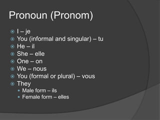 Pronoun (Pronom)I – jeYou (informaland singular) – tuHe – ilShe – elleOne – onWe – nousYou (formal or plural) – vousTheyMale form – ilsFemaleform – elles 