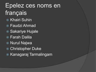 Epelez ces noms en françaisKhairiSuhinFaudzi AhmadSakariyeHujaleFarah DalilaNurulNajwaChristopher DukeKanagarajTarmalingam