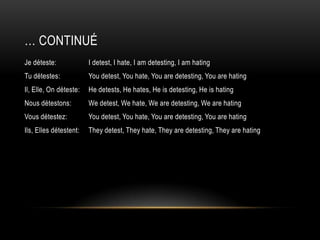 … continuéJe déteste:		I detest, I hate, I am detesting, I am hatingTudétestes:	You detest, You hate, You are detesting, You are hatingIl, Elle, On déteste:	He detests, He hates, He is detesting, He is hatingNous détestons:	We detest, We hate, We are detesting, We are hatingVousdétestez:	You detest, You hate, You are detesting, You are hatingIls, Ellesdétestent:	They detest, They hate, They are detesting, They are hating 