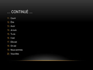 … continué …Courir ÊtreAvoirJe suisTu esIl estElle estOn estNous sommesVous êtes