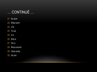 … continué …Ils sontElles sontJ’aiTu asIl aElle aOn aNous avonsVous avezIls ont