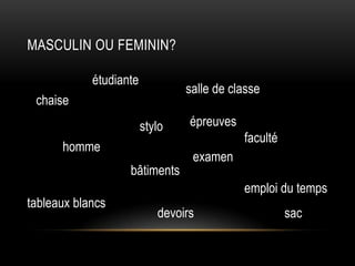 Masculinoufeminin?étudiantesalle de classechaiseépreuvesstylofacultéhommeexamenbâtimentsemploi du tempstableaux blancsdevoirssac