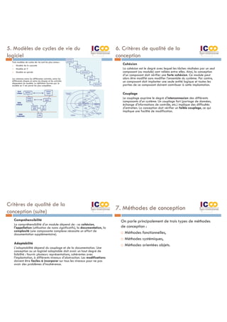 Trois modèles de cycles de vie sont les plus connus :
¨ Modèle de la cascade
¨ Modèle en V
¨ Modèle en spirale
Les relations entre les différentes activités, entre les
différentes étapes et entre les étapes et les activités
dépendent du modèle. La définition fournie par le
modèle en V est parmi les plus complètes.
5. Modèles de cycles de vie du
logiciel
6. Critères de qualité de la
conception
Cohésion
La cohésion est le degré avec lequel les tâches réalisées par un seul
composant (ou module) sont reliées entre elles. Ainsi, la conception
d’un composant doit vérifier une forte cohésion. Ce module peut
alors être modifié sans modifier l’ensemble du système. Par contre,
un composant doit implanter une seule entité logique et toutes les
parties de ce composant doivent contribuer à cette implantation.
Couplage
Le couplage exprime le degré d'interconnexion des différents
composants d'un système. Un couplage fort (partage de données,
échange d'informations de contrôle, etc.) implique des difficultés
d'entretien. La conception doit vérifier un faible couplage, ce qui
implique une facilité de modification.
Critères de qualité de la
conception (suite)
Compréhensibilité
La compréhensibilité d'un module dépend de : sa cohésion,
l'appellation (utilisation de noms significatifs), la documentation, la
complexité (une composante complexe nécessite un effort de
documentation supplémentaire).
Adaptabilité
L'adaptabilité dépend du couplage et de la documentation. Une
conception ou un logiciel adaptable doit avoir un haut degré de
lisibilité : fournir plusieurs représentations, cohérentes avec
l'implantation, à différents niveaux d'abstraction. Les modifications
doivent être faciles à incorporer sur tous les niveaux pour ne pas
avoir des problèmes d'incohérence.
7. Méthodes de conception
On parle principalement de trois types de méthodes
de conception :
¨ Méthodes fonctionnelles,
¨ Méthodes systémiques,
¨ Méthodes orientées objets.
 