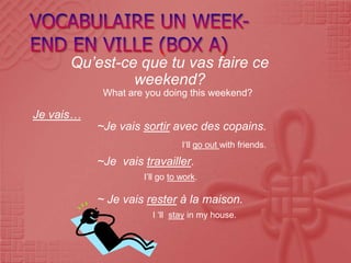 Qu’est-ce que tu vas faire ce
               weekend?
            What are you doing this weekend?

Je vais…
           ~Je vais sortir avec des copains.
                               I‘ll go out with friends.
           ~Je vais travailler.
                    I’ll go to work.

           ~ Je vais rester à la maison.
                      I ‘ll stay in my house.
 
