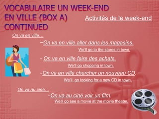 Activités de le week-end

On va en ville…
             ~On va en ville aller dans les magasins.
                                  We’ll go to the stores in town.

             ~ On   va en ville faire des achats.
                            We’ll go shopping in town.
             ~On    va en ville chercher un nouveau CD.
                          We’ll go looking for a new CD in town.

  On va au ciné…
                  ~On va au ciné voir un film.
                    We’ll go see a movie at the movie theater.
 
