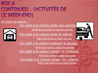 On reste à la maison…
            ~On    reste à la maison aider ses parents.
                        We’ll stay at home to help his parents.
            ~On    reste à la maison laver la voiture.
                            We’ll stay home to wash the car.
            ~On    reste à la maison nettoyer le garage.
                           We’ll stay home to clean the garage.
            ~On    reste à la maison ranger sa chambre.
                              We’ll stay home to clean his room.
             ~On   reste à la maison ranger ses affaires.
                             We’ll stay home to put away things.
 