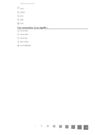 Solutions des exercices
15
(1,3)
(1,0.2)
(2,1)
(2,2)
(1,2)
Une association (1,n) signifie :
un ou deux
un ou trois
un ou rien
rien ou rien
un ou plusieurs
 