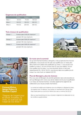 9
En route vers le sommet
Ce qui rend l’Earned Incentive si attrayante, c’est qu’après les trois mois de
qualification, vous pouvez tout de suite vous qualifier pour un niveau plus
élevé. Après avoir réalisé votre qualification au niveau 1, vous pouvez vous
qualifier au niveau 2, et ce en fonction des CC que vous réalisez. Si vous
vous qualifiez pour le niveau 1 au mois de janvier, février et mars avec
respectivement 50, 100 et 150 CC, vous pouvez déjà vous qualifier pour le
niveau 2 au mois d’avril, en réalisant 225 CC.
Plus de Managers, plus de chances
Plus vous avez de Managers de première génération dans votre downline en
tant que Manager actif, moins vous devrez réaliser de CC pour la qualification
à un niveau de l’Earned Incentive. Consultez également le règlement de
collaboration pour de plus amples informations.
* Le montant est valable aussi longtemps que vous atteignez ou dépassez le niveau
du troisième mois. En-dessous, vous recevez un versement de € 2,66 par Total
Case Credit obtenu au cours de ce même mois, avec un minimum de 50 CC.
	 Allez sur www.foreverliving.com pour consulter le règlement de collaboration et voir
les conditions supplémentaires.
Forever2Drive,
Serge Poleur 
Renilde Capiot
“Gagnez de l’argent pour
la voiture, le bateau, la
moto, ou quel que soit
l’objet de vos rêves !”
Exigences de qualification
Niveau 1 Niveau 2 Niveau 3
Mois 1 50 CC 75 CC 100 CC
Mois 2 100 CC 150 CC 200 CC
Mois 3 150 CC 225 CC 300 CC
Trois niveaux de qualification
Niveau 1 Forever paie € 400,00 maximum*
pendant 36 mois maximum.
Niveau 2 Forever paie € 600,00 maximum*
pendant 36 mois maximum.
Niveau 3 Forever paie € 800,00 maximum*
pendant 36 mois maximum.
 