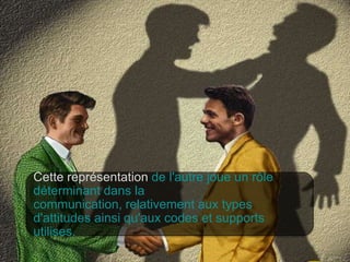 Cette représentation de l'autre joue un rôle
déterminant dans la
communication, relativement aux types
d'attitudes ainsi qu'aux codes et supports
utilises.

 