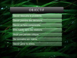 Savoir résoudre le problème.
Savoir prendre des décisions.
Savoir se faire comprendre.
Etre habile dans les relations.
Avoir une pensée critique.
Se connaitre soi- même.
Savoir gérer le stress.

 