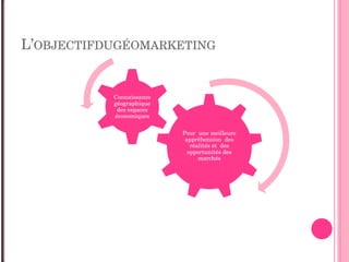 L’OBJECTIFDUGÉOMARKETING
Pour  une meilleure 
appréhension  des 
réalités et  des 
opportunités des 
marchés
Connaissance 
géographique 
des espaces 
économiques 
 