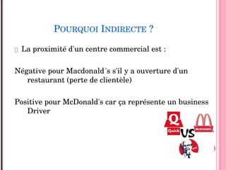 POURQUOI INDIRECTE ?
 La proximité d'un centre commercial est :
Négative pour Macdonald´s s'il y a ouverture d'un 
restaurant (perte de clientèle)
Positive pour McDonald's car ça représente un business 
Driver
 