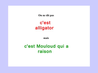 c'est alligator  c'est Mouloud qui a raison  On ne dit pas mais 