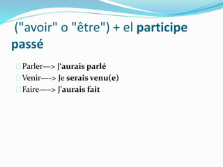 ("avoir" o "être") + el participe
passé
Parler—> J‘aurais parlé
Venir—-> Je serais venu(e)
Faire—–> J’aurais fait
 