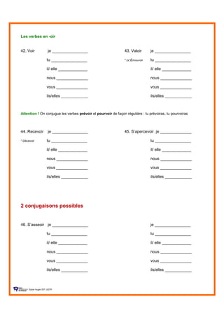 Les verbes en -oir
42. Voir je ________________ 43. Valoir je ________________
tu ________________ * (s’)Émouvoir tu ________________
il/ elle _____________ il/ elle _____________
nous ______________ nous ______________
vous ______________ vous ______________
ils/elles ____________ ils/elles ____________
Attention ! On conjugue les verbes prévoir et pourvoir de façon régulière : tu prévoiras, tu pourvoiras
44. Recevoir je ________________ 45. S’apercevoir je ______________
* Décevoir tu ________________ tu ________________
il/ elle _____________ il/ elle _____________
nous ______________ nous ______________
vous ______________ vous ______________
ils/elles ____________ ils/elles ____________
2 conjugaisons possibles
46. S’asseoir je ________________ je ________________
tu ________________ tu ________________
il/ elle _____________ il/ elle _____________
nous ______________ nous ______________
vous ______________ vous ______________
ils/elles ____________ ils/elles ____________
Sylvie Auger ÉIF UQTR
 