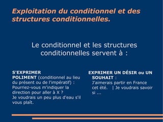 Exploitation du conditionnel et des 
structures conditionnelles. 
Le conditionnel et les structures 
conditionnelles servent à : 
S'EXPRIMER 
POLIMENT (conditionnel au lieu 
du présent ou de l'impératif) : 
Pourriez-vous m'indiquer la 
direction pour aller à X ? 
Je voudrais un peu plus d'eau s'il 
vous plaît. 
EXPRIMER UN DÉSIR ou UN 
SOUHAIT : 
J'aimerais partir en France 
cet été. | Je voudrais savoir 
si ... 
 
