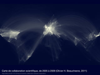 http://olihb.com/2011/01/23/map-of-scientiﬁc-collaboration-between-researchers/
Carte de collaboration scientiﬁque, de 2005 à 2009 (Olivier H. Beauchesne, 2011)
 