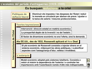 L’economia del període d’entreguerres (1919-1939)  Teories keynesianes Intervenció i direcció estatal en matèria econòmica La prosperitat depèn de la inversió i no de l’estalvi. Polítiques de  deflació liberal L’autarquia Als EE.UU., des de 1932, Roosevelt aplicarà el  New  Deal   Intervencionisme de l’Estat Disminuir els impostos i les despeses de l’Estat / reduir la moneda en circulació per abaixar els preus / ajustar a la baixa els salaris / mesures proteccionistes. El factor de dinamisme econòmic no era l’oferta, sinó la demanda. El pla econòmic de Roosevelt consistia a injectar diners en el sistema econòmic, mitjançant les obres públiques, i a planificar aspectes com l’assegurança d’atur, vellesa i invalidesa. Model econòmic adoptat pels sistemes totalitaris. Consistia a reduir al màxim la dependència de l’exterior i a controlar les importacions amb l’autorització només d’allò més indispensable. 4 Es busquen  solucions  a la crisi 