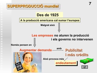 SUPERPRODUCCIÓ mundial Des de 1925 Les empreses  no aturen la producció i els governs no intervenen Augmentar demanda Publicitat i més crèdits A la producció americana cal sumar l’europea Malgrat això endeutament 7 Només pensen en amb Això provoca més 