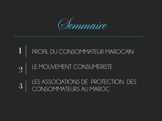 Sommaire
PROFIL DU CONSOMMATEUR MAROCAIN
LE MOUVEMENT CONSUMERISTE
LES ASSOCIATIONS DE PROTECTION DES
CONSOMMATEURS AU MAROC
1
2
3
 