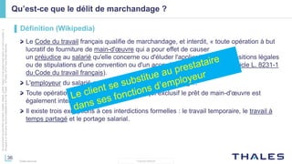 36
THALES GROUP
Cedocumentnepeutêtrereproduit,modifié,adapté,publié,traduit,d'unequelconquefaçon,entoutoupartie,ni
divulguéàuntierssansl'accordpréalableetécritdeThales-©Thales2015TousDroitsréservés.
Thales Services
Qu’est-ce que le délit de marchandage ?
▌ Définition (Wikipedia)
Le Code du travail français qualifie de marchandage, et interdit, « toute opération à but
lucratif de fourniture de main-d'œuvre qui a pour effet de causer
un préjudice au salarié qu'elle concerne ou d'éluder l'application des dispositions légales
ou de stipulations d'une convention ou d'un accord collectif de travail » (article L. 8231-1
du Code du travail français).
L'employeur du salarié est qualifié de « faux sous-traitant ».
Toute opération à but lucratif ayant pour objet exclusif le prêt de main-d'œuvre est
également interdite.
Il existe trois exceptions à ces interdictions formelles : le travail temporaire, le travail à
temps partagé et le portage salarial.
 