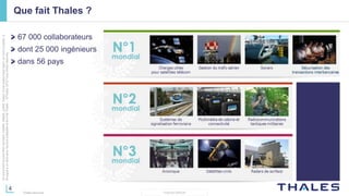 4
THALES GROUP
Cedocumentnepeutêtrereproduit,modifié,adapté,publié,traduit,d'unequelconquefaçon,entoutoupartie,ni
divulguéàuntierssansl'accordpréalableetécritdeThales-©Thales2015TousDroitsréservés.
Thales Services
Que fait Thales ?
67 000 collaborateurs
dont 25 000 ingénieurs
dans 56 pays
 