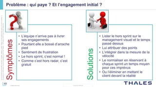 48
THALES GROUP
Cedocumentnepeutêtrereproduit,modifié,adapté,publié,traduit,d'unequelconquefaçon,entoutoupartie,ni
divulguéàuntierssansl'accordpréalableetécritdeThales-©Thales2015TousDroitsréservés.
Thales Services
Problème : qui paye ? Et l’engagement initial ?
Symptômes
• L’équipe n’arrive pas à livrer
ses engagements
• Pourtant elle a bossé d’arrache
pied
• Sentiment de frustration
• Le hors sprint, c’est normal !
• Comme c’est hors radar, c’est
gratuit
Solutions
• Lister le hors sprint sur le
management visuel et le temps
passé dessus
• Lui attribuer des points
• L’intégrer dans la mesure de la
vélocité
• Le normaliser en réservant à
chaque sprint un temps moyen
pour ces imprévus
• Ou l’éliminer en mettant le
client devant la réalité
 