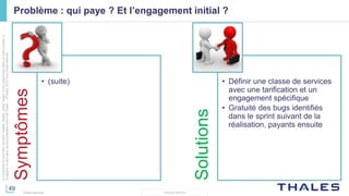 49
THALES GROUP
Cedocumentnepeutêtrereproduit,modifié,adapté,publié,traduit,d'unequelconquefaçon,entoutoupartie,ni
divulguéàuntierssansl'accordpréalableetécritdeThales-©Thales2015TousDroitsréservés.
Thales Services
Problème : qui paye ? Et l’engagement initial ?
Symptômes
• (suite)
Solutions
• Définir une classe de services
avec une tarification et un
engagement spécifique
• Gratuité des bugs identifiés
dans le sprint suivant de la
réalisation, payants ensuite
 