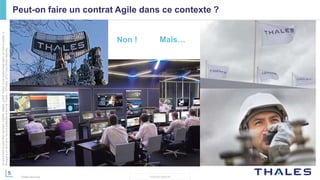 5
THALES GROUP
Cedocumentnepeutêtrereproduit,modifié,adapté,publié,traduit,d'unequelconquefaçon,entoutoupartie,ni
divulguéàuntierssansl'accordpréalableetécritdeThales-©Thales2015TousDroitsréservés.
Thales Services
Peut-on faire un contrat Agile dans ce contexte ?
Non ! Mais…
 