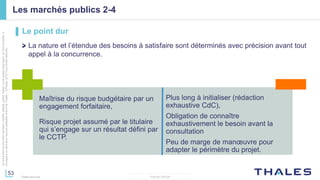 53
THALES GROUP
Cedocumentnepeutêtrereproduit,modifié,adapté,publié,traduit,d'unequelconquefaçon,entoutoupartie,ni
divulguéàuntierssansl'accordpréalableetécritdeThales-©Thales2015TousDroitsréservés.
Thales Services
Les marchés publics 2-4
▌ Le point dur
La nature et l’étendue des besoins à satisfaire sont déterminés avec précision avant tout
appel à la concurrence.
Maîtrise du risque budgétaire par un
engagement forfaitaire,
Risque projet assumé par le titulaire
qui s’engage sur un résultat défini par
le CCTP.
Plus long à initialiser (rédaction
exhaustive CdC),
Obligation de connaître
exhaustivement le besoin avant la
consultation
Peu de marge de manœuvre pour
adapter le périmètre du projet.
 