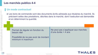 55
THALES GROUP
Cedocumentnepeutêtrereproduit,modifié,adapté,publié,traduit,d'unequelconquefaçon,entoutoupartie,ni
divulguéàuntierssansl'accordpréalableetécritdeThales-©Thales2015TousDroitsréservés.
Thales Services
Les marchés publics 4-4
▌ Un mode contractuel
Les bons de commande sont des documents écrits adressés aux titulaires du marché. Ils
précisent celles des prestations, décrites dans le marché, dont l’exécution est demandée
et en déterminent la quantité.
Permet de réguler en fonction du
besoin réel
Possibilité de ne pas avoir de montant
minimum ni maximum
Ne peut pas s’appliquer aux marchés
d’une durée > 4 ans
 