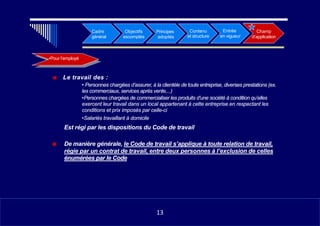 •
Cadre
général
Objectifs
escomptés
Principes
adoptés
Contenu
et structure
•
Entrée
en vigueur
Champ
d’application
•Pour l’employé
■ Le travail des :
• Personnes chargées d’assurer, à la clientèle de toute entreprise, diverses prestations (ex.
les commerciaux, services après vente,...)
•Personnes chargées de commercialiser les produits d’une société à condition qu’elles
exercent leur travail dans un local appartenant à cette entreprise en respectant les
conditions et prix imposés par celle-ci
•Salariés travaillant à domicile
Est régi par les dispositions du Code de travail
■ De manière générale, le Code de travail s’applique à toute relation de travail,
régie par un contrat de travail, entre deux personnes à l’exclusion de celles
énumérées par le Code
Il13
13
 